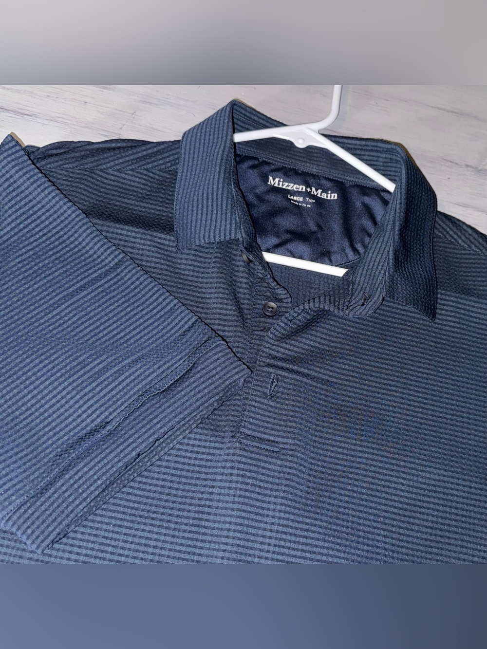 Mizzen+Main Copa Polo Mens Large Trim Fit Navy Blue Striped Golf Performance